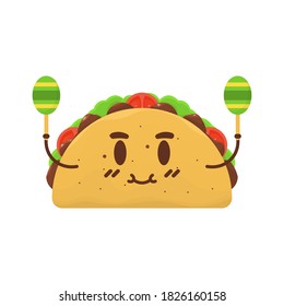 illustration of a smiling taco character using a maraca or rumba shaker. Happy taco day celebration. mexican food. flat style. design elements.