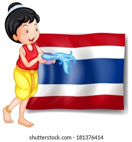 Illustration of a smiling Thai woman in front of the Thailand flag on a white background