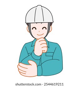 Illustration of a smiling, thinking, deformed man wearing a helmet and work clothes.