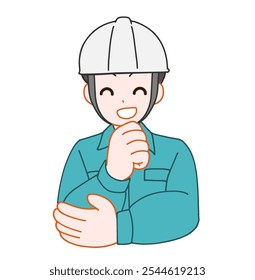 Ilustración de un hombre sonriente, pensante y deforme con un casco y ropa de trabajo.