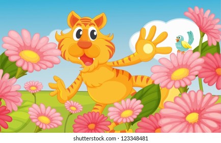 Illustration of a smiling tiger and a bird in a beautiful nature