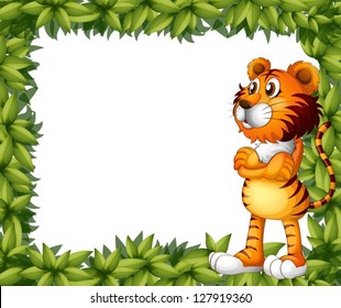 Illustration of a smiling tiger and plant frame on a white background