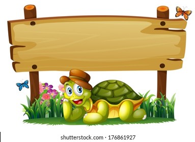 Illustration of a smiling turtle below the empty wooden board on a white background