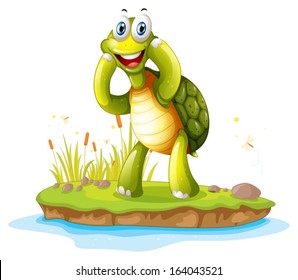 Illustration of a smiling turtle in an island on a white background