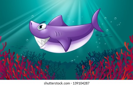 Illustration of a smiling violet shark under the sea