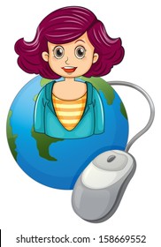 Illustration of a smiling woman above the earth with a computer mouse on a white background