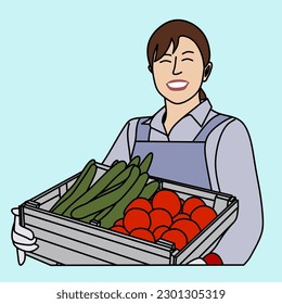 illustration of a smiling woman in a blue dress carrying a box filled with green and red vegetables