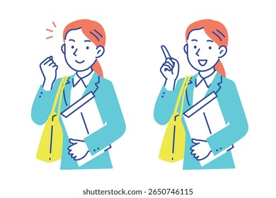 Ilustração de uma mulher sorridente em um terno de negócios segurando um envelope e um saco