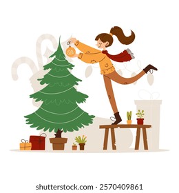 Illustration of a smiling woman in cozy winter clothes placing an ornament on a Christmas tree, surrounded by gifts and plants.