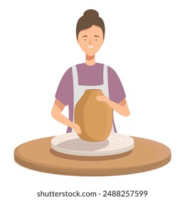 Illustration of a smiling woman crafting pottery on a spinning wheel, showcasing artistic craftsmanship