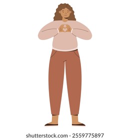 Illustration of a Smiling Woman with Curly Hair in Beige Sweater and Brown Pants Showing Heart Gesture