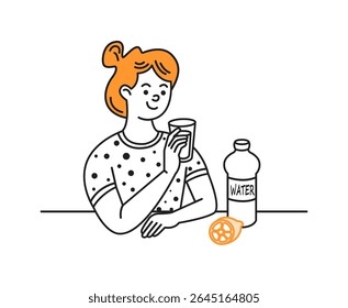 Ilustração de uma mulher sorridente bebendo água em um estilo simplista. Fatia laranja e garrafa de água adicionam elementos vibrantes. Conceito de saúde e hidratação.