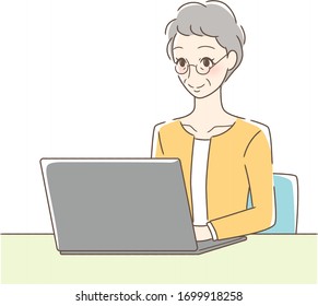 Illustration of a smiling woman operating a laptop