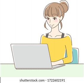 Ilustración de una mujer sonriente que maneja una laptop