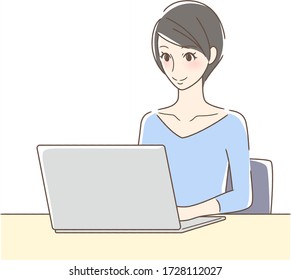 Illustration of a smiling woman operating a laptop