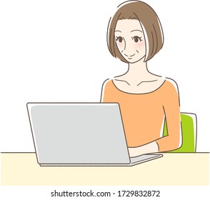 Illustration of a smiling woman operating a laptop