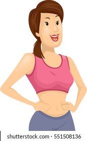 Ilustração de uma mulher sorridente em um top de tanque de Midriff rosa e calças de moletom cinzas Trabalhando fora no ginásio