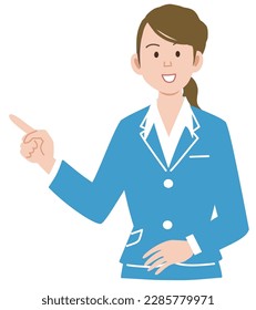 illustration of a smiling woman pointing to her finger and wearing an upper body suit