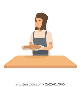 Illustration of a smiling woman presenting a loaf of bread on a plate in a kitchen