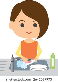 Illustration of a smiling woman putting on makeup