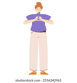 Illustration of a Smiling Woman with Red Hair in Purple Blouse and Beige Pants Showing Heart Gesture