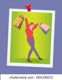 Illustration of a smiling woman with shopping bags. Young beautiful happy girl on the photo picks up multi-colored packages and crosses her legs. Female character with goods posing for a photo shoot