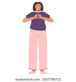 Illustration of a Smiling Woman with Short Hair in Purple Shirt and Pink Pants Showing Heart Gesture