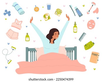 Illustration of a smiling woman stretching after sleeping in a cozy bed. A set of elements of the morning routine. The concept of self-care, good morning and a good start to the day.