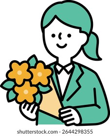Illustration of a smiling woman in a suit holding a bouquet of flowers