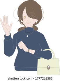 Illustration of a smiling woman waiting for a meeting with one hand raised