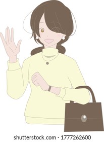 Illustration of a smiling woman waiting for a meeting with one hand raised
