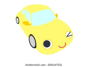 Illustration of a smiling yellow car seen from diagonally above. Vector illustration.