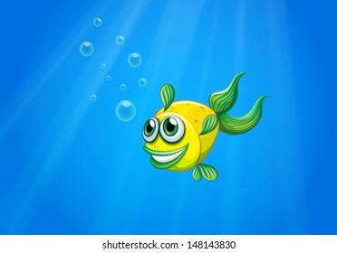 Illustration of a smiling yellow fish underwater