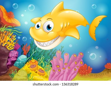 Illustration of a smiling yellow shark under the sea