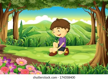 Illustration of a smiling young boy in the middle of the forest
