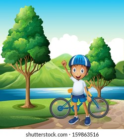 Illustration of a smiling young boy at the riverbank with his bike