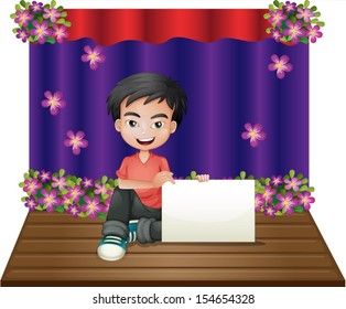 Illustration of a smiling young boy sitting in the middle of the stage holding an empty signage on a white background