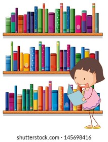 Illustration of a smiling young girl reading in front of the bookshelves on a white background 