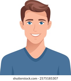 Illustration of a smiling young man with brown hair, blue eyes, and a blue shirt