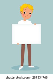 illustration of smiling young man holding white blank sign