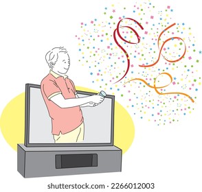 Illustration of a smiling young man jumping out of the TV while popping crackers