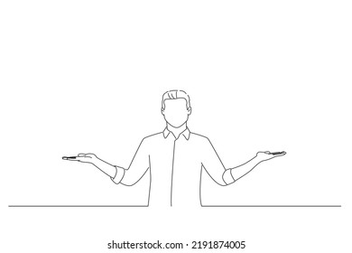 Illustration of smiling young man showing a balance of two products. Line art style
