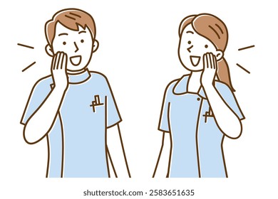 Illustration of a smiling young nurse calling out to someone in a loud voice