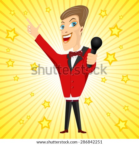 illustration of smiling young singer with microphone and red suit