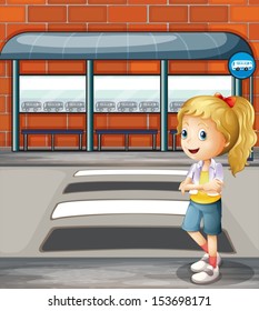 Illustration of a smiling young woman standing near the pedestrian lane