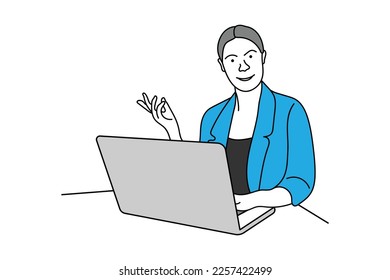 Illustration of a smiling young woman using laptop vector line art design white background