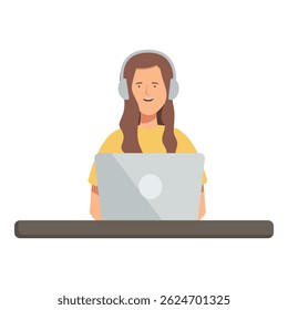 Illustration of a smiling young woman working on a laptop while wearing headphones