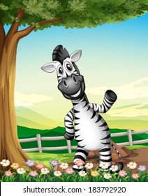 Illustration of a smiling zebra near the tree