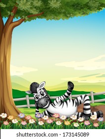 Illustration of a smiling zebra under the tree near the flowers