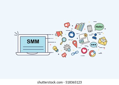 Illustration of SMM. Perfect for banner, online advertising, poster, website, courses, school, blog. Made in vector. 